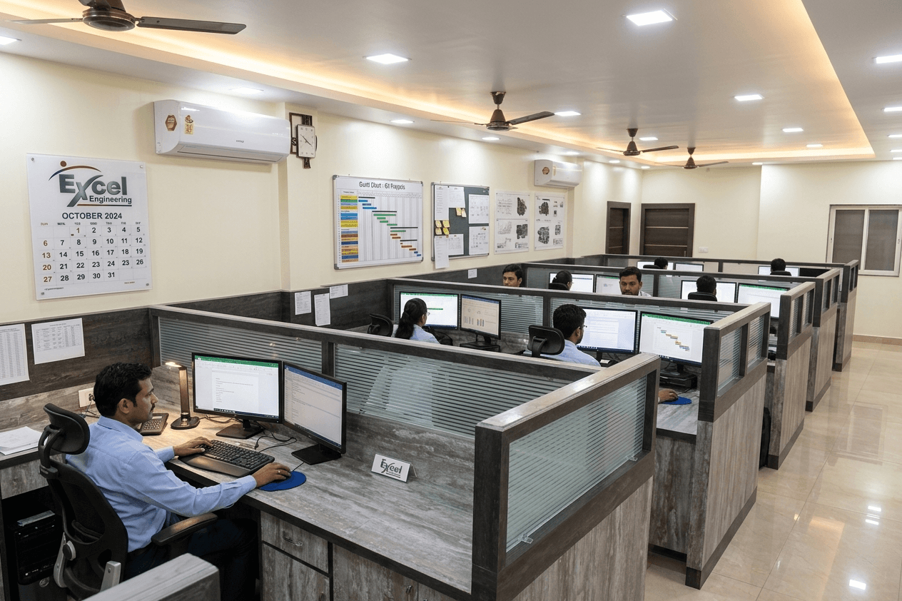 Open cubicle office floor with dual-monitor setups and Gantt charts on whiteboard, October 2024 calendar