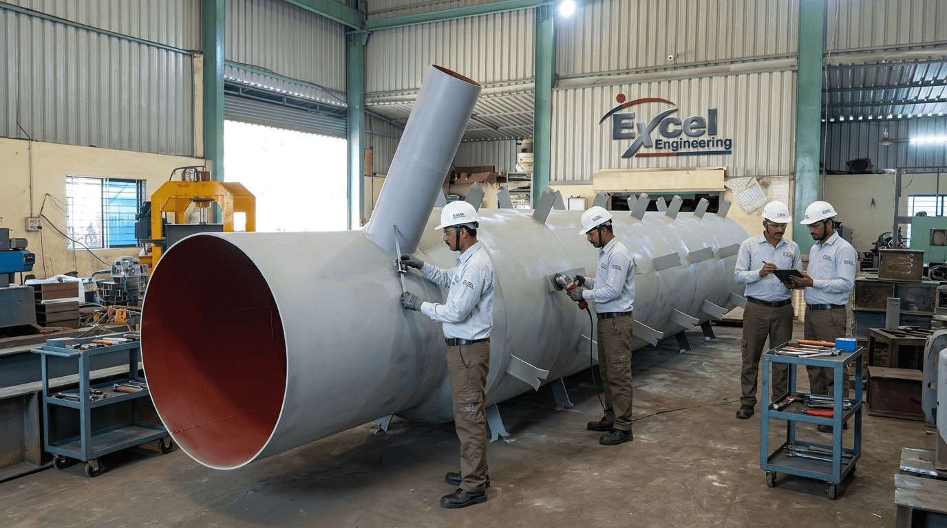 Excel Engineering engineers inspecting large penstock pipe fabrication inside factory