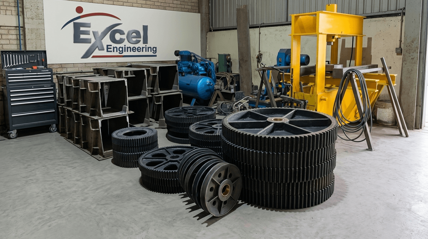 Factory floor showing large steel spur gears, I-beam frames, air compressor, yellow hydraulic press