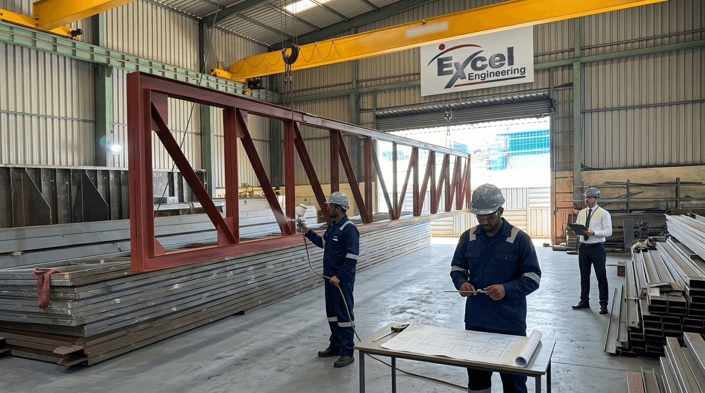 Steel truss painted red oxide, engineer spray-coating, supervisor reviewing blueprints under yellow crane