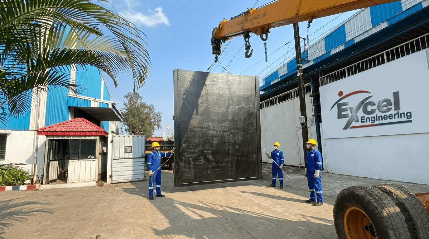 3 workers guiding a massive black steel gate panel being lifted by yellow mobile crane outside factory