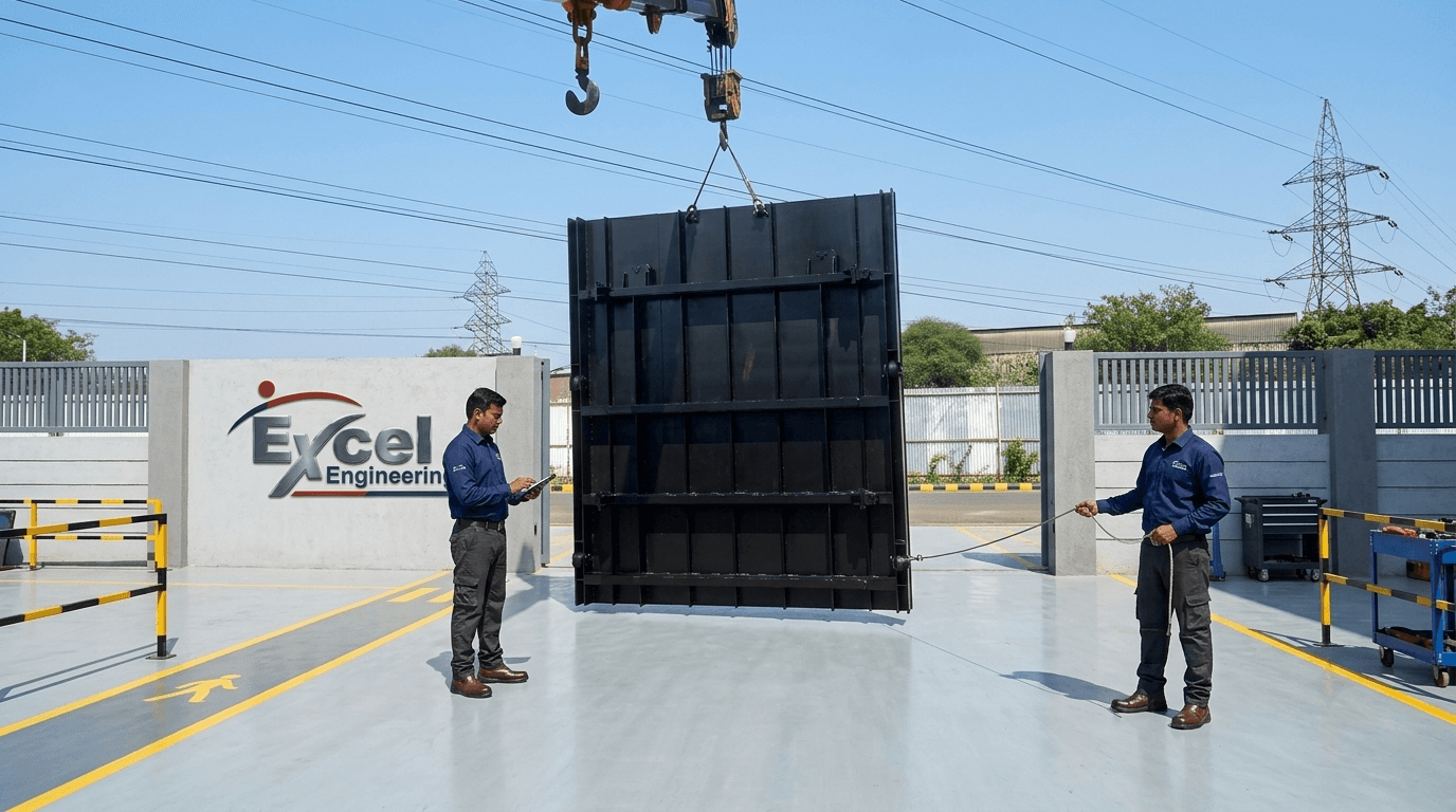 2 engineers guiding a large black steel gate panel suspended from overhead crane hook in clean yard