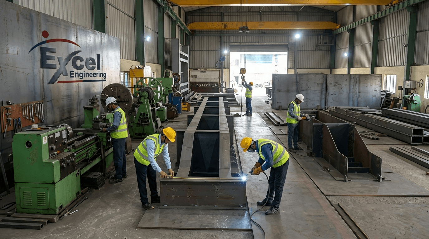 Wide factory floor — 4 hi-vis workers measuring and welding long steel channel frames, Excel logo on wall