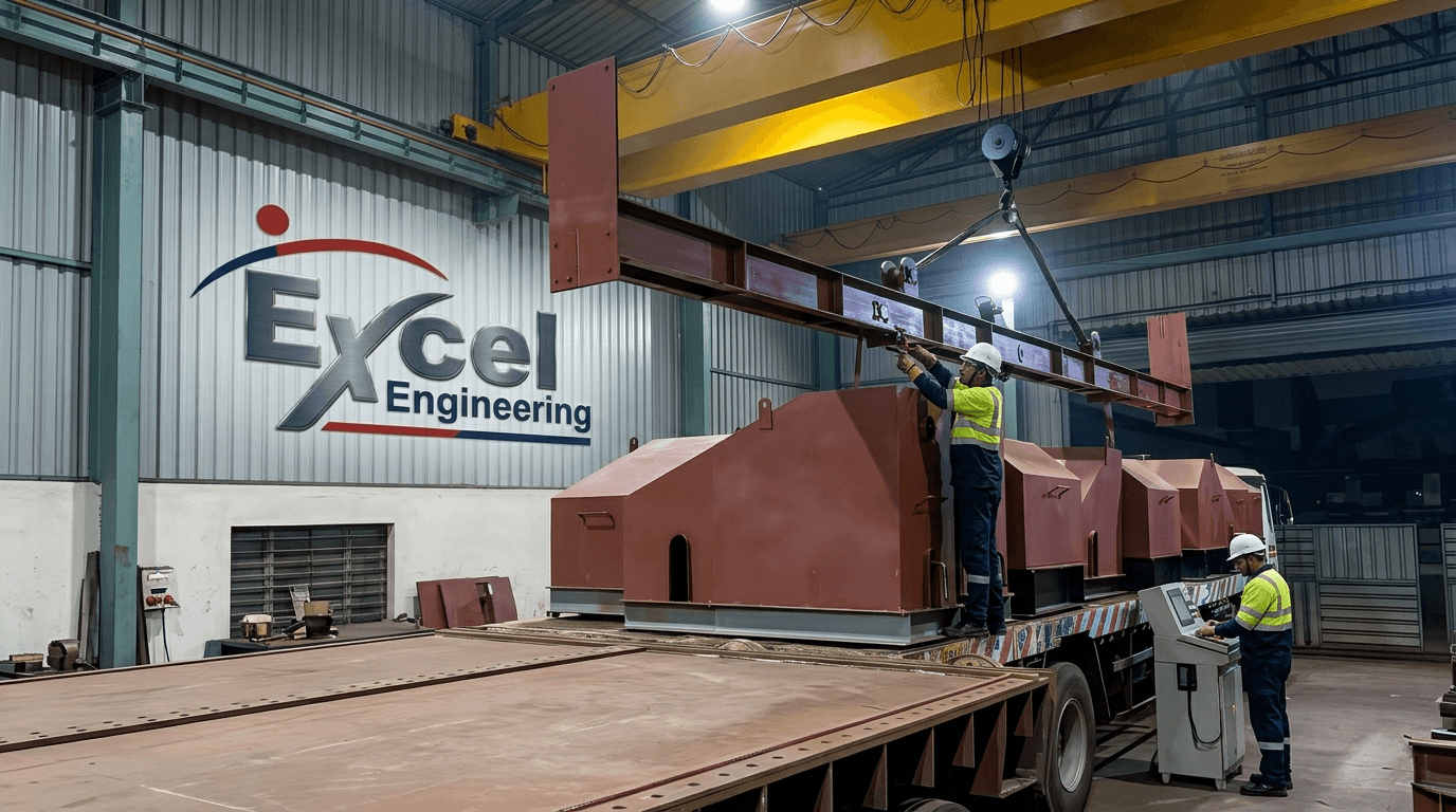 Workers loading large fabricated red steel structures onto a flatbed truck inside the Excel Engineering factory at night