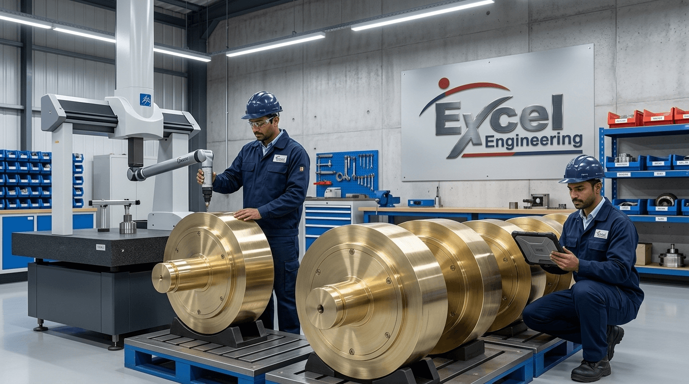 2 engineers with CMM arm measuring large brass and bronze roller drums in precision measurement lab