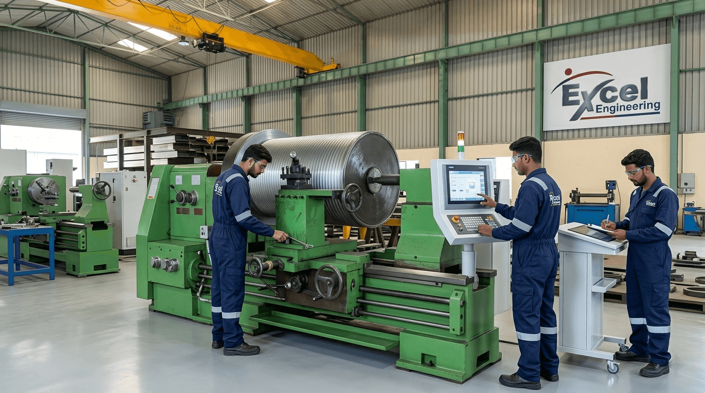 Excel Engineering workers operating green CNC lathe machines in the fabrication facility