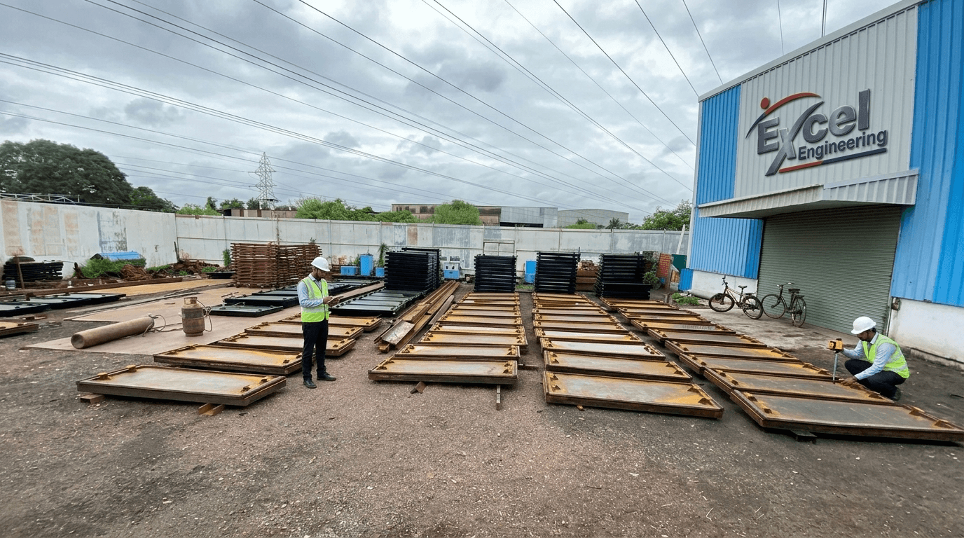 Wide outdoor yard with steel gate panels laid flat, 2 engineers inspecting beside blue factory shed