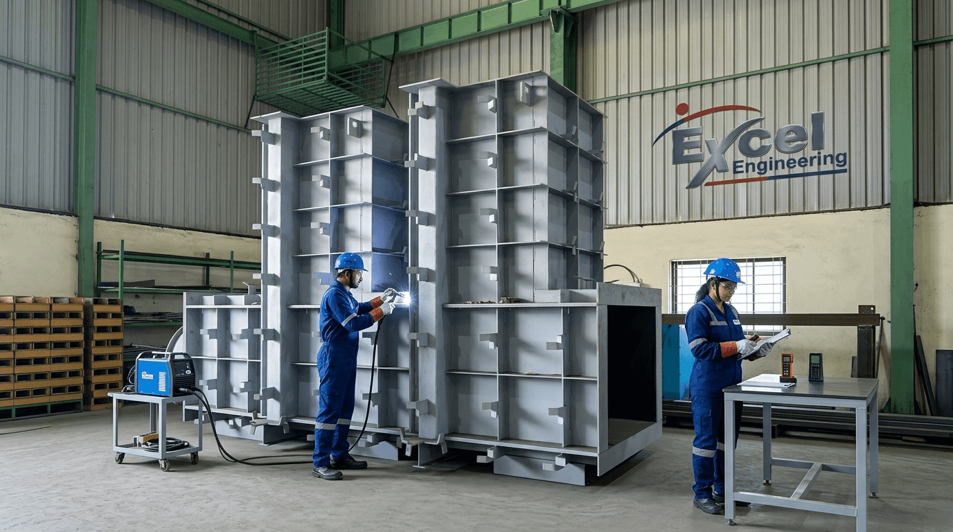 Welder and engineer inspecting large modular steel shuttering formwork structure inside workshop