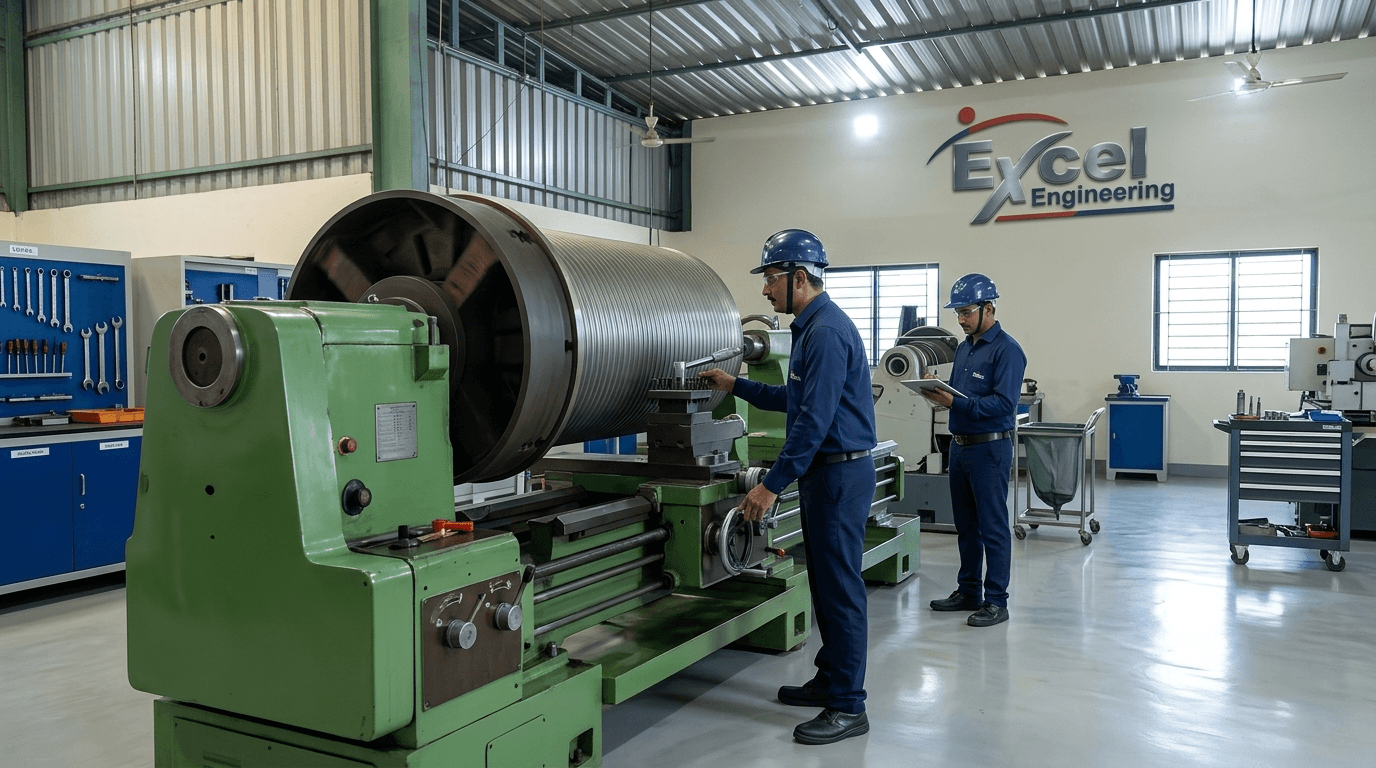 2 engineers at green lathe turning rope drum with tool board and clean workshop in background