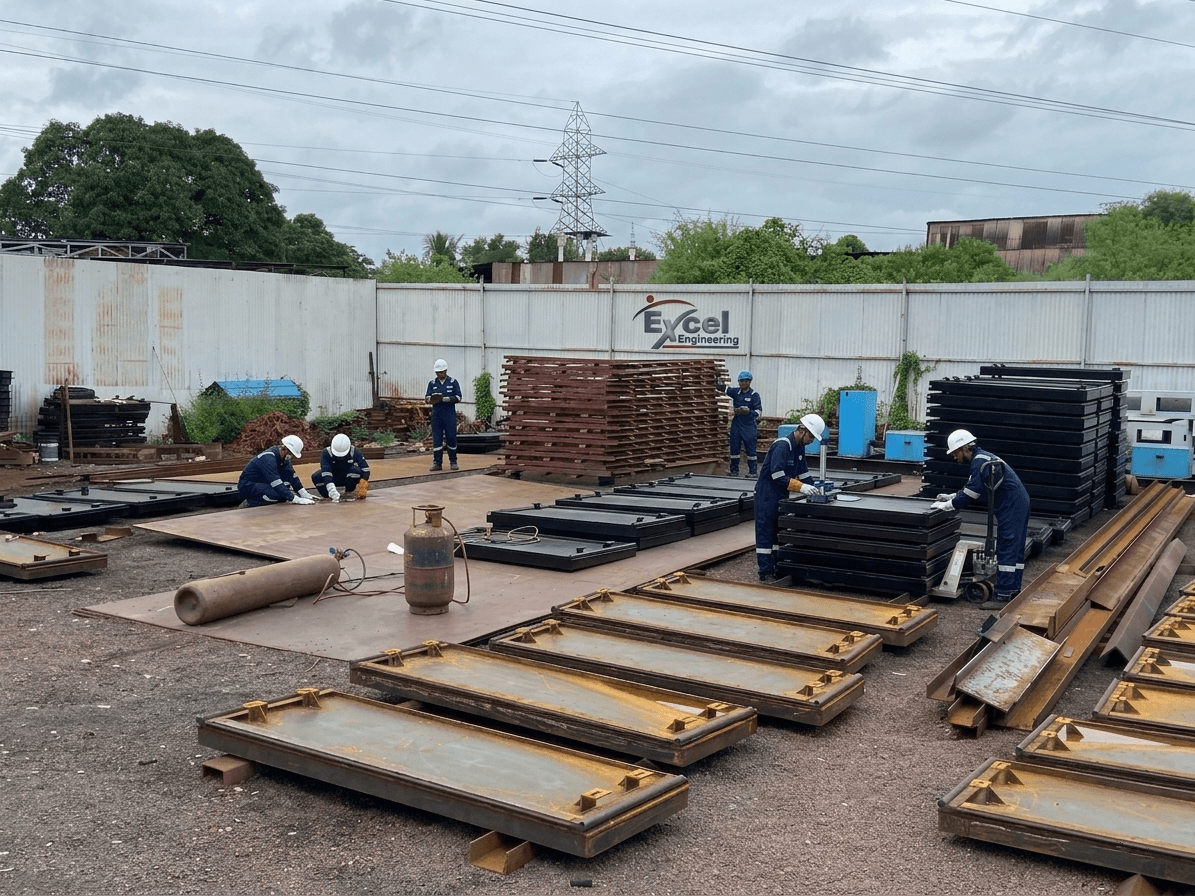 6 workers outdoors fabricating and assembling steel gate panels on red earth ground, Excel compound wall