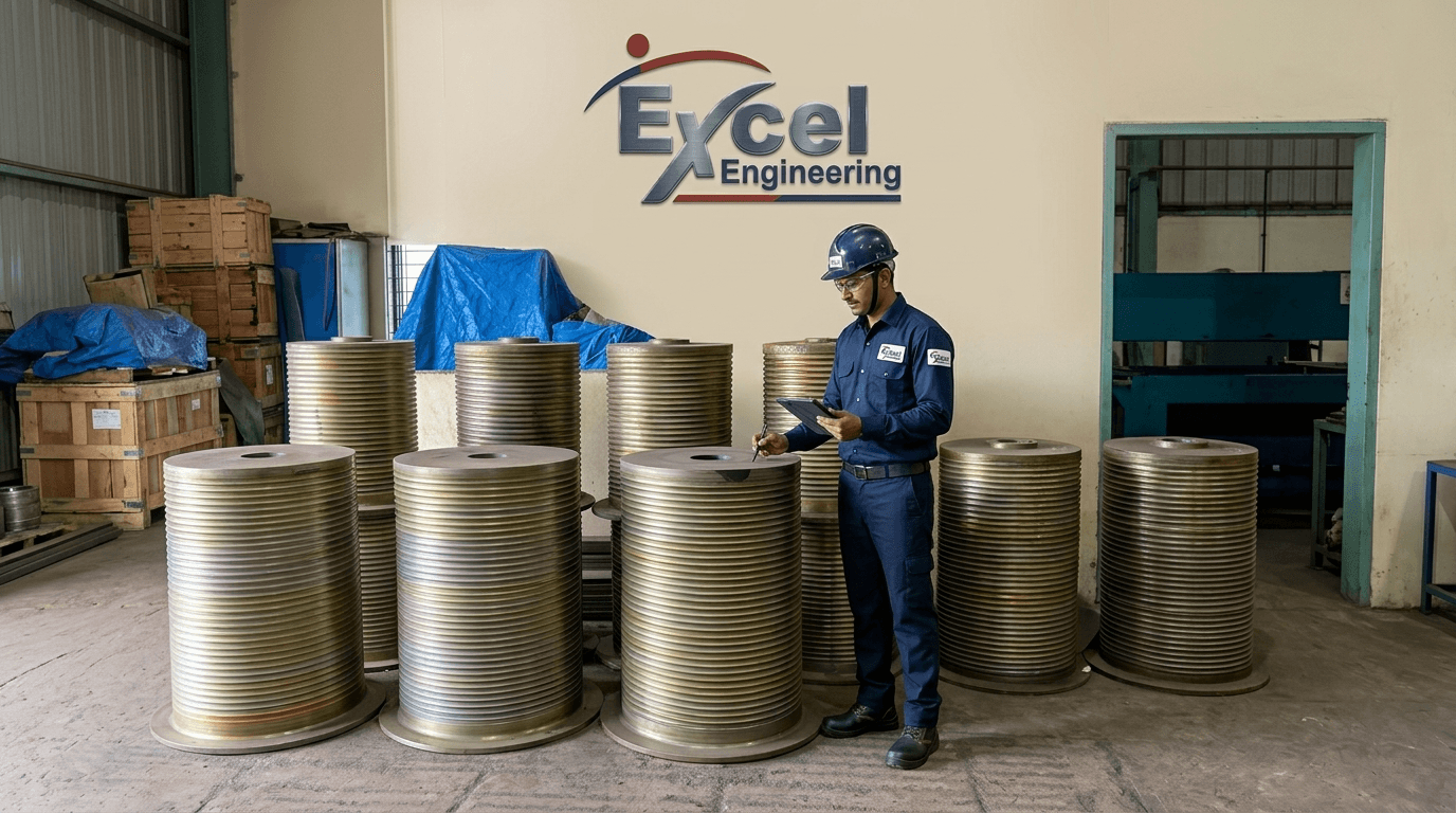 Engineer with clipboard inspecting rows of large brass rope drum spools inside factory hall, Excel logo
