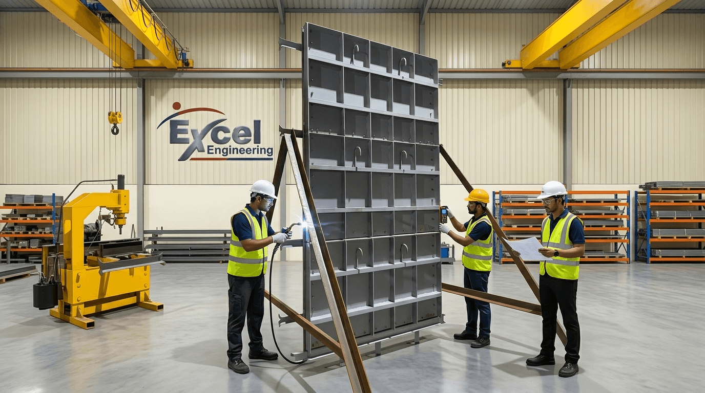 3 engineers welding large modular steel frame panel under yellow overhead crane with hi-vis vests