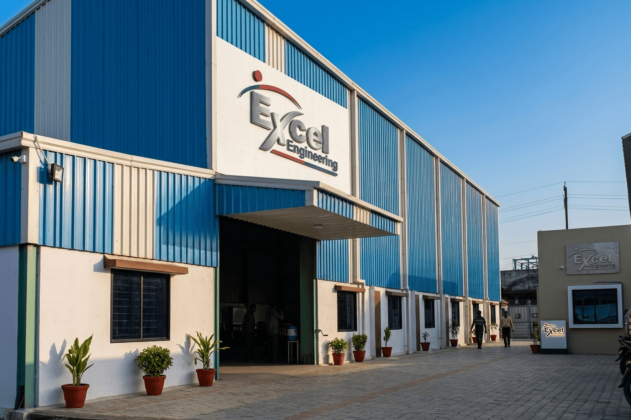 Excel Engineering blue corrugated steel factory building exterior with large company signage and entrance