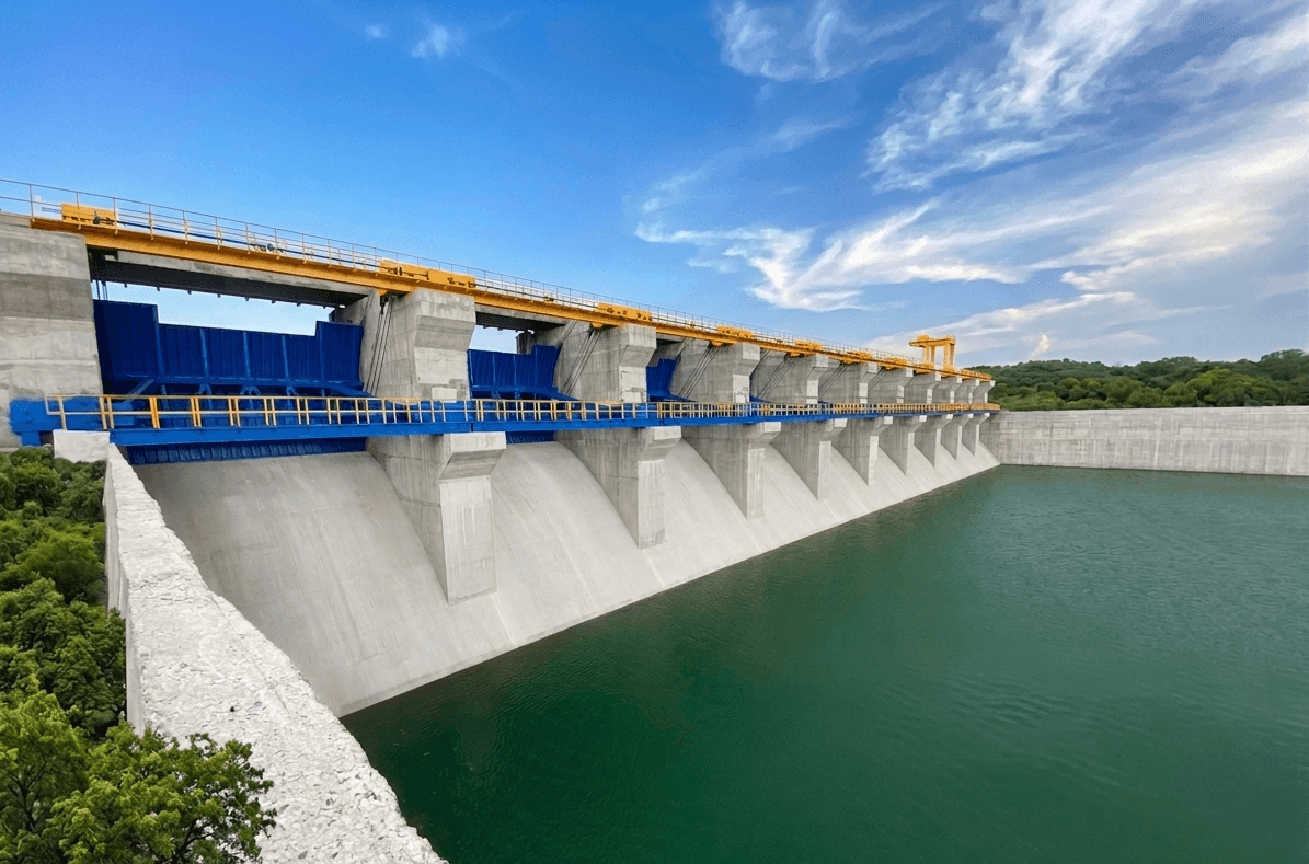 Completed barrage with blue steel gates and yellow gantry crane, green reservoir
