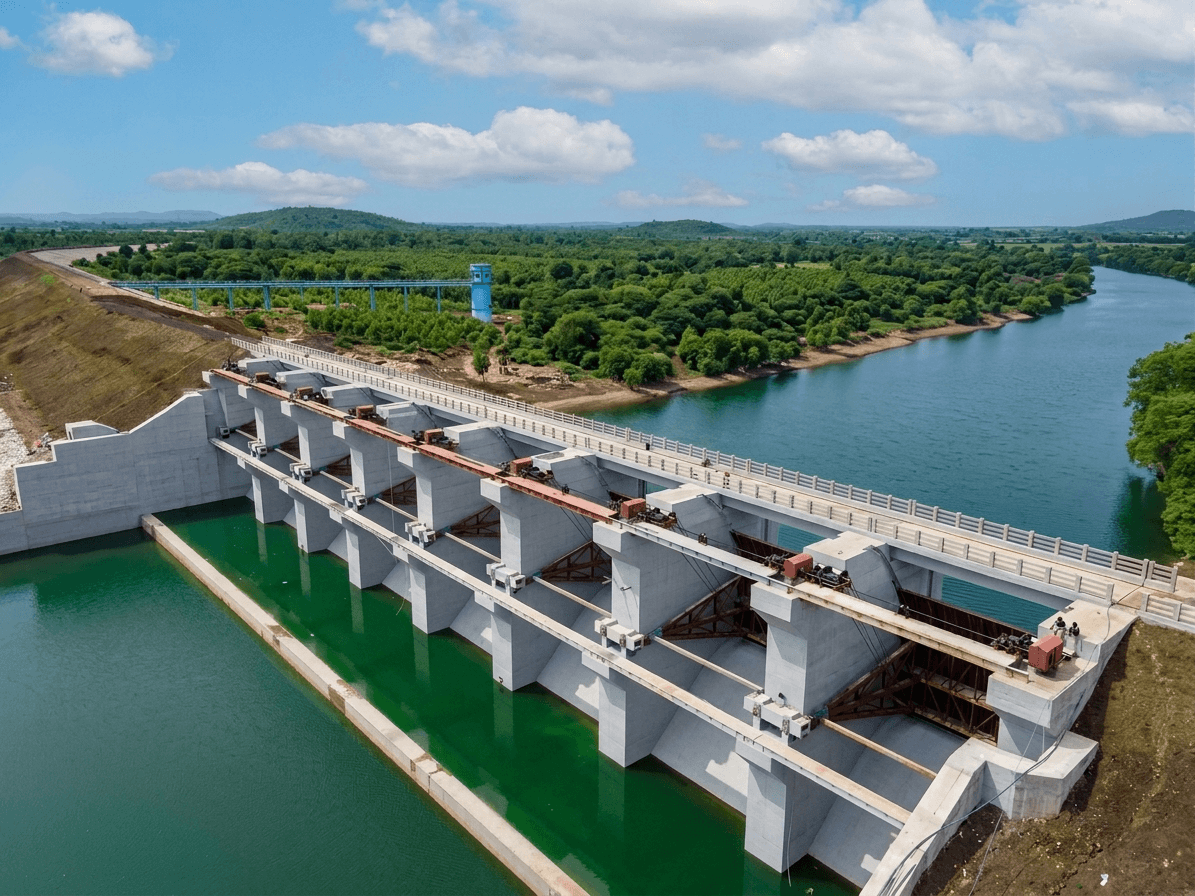 Aerial side view of dam under construction with concrete piers and red stop-log frames, river on right