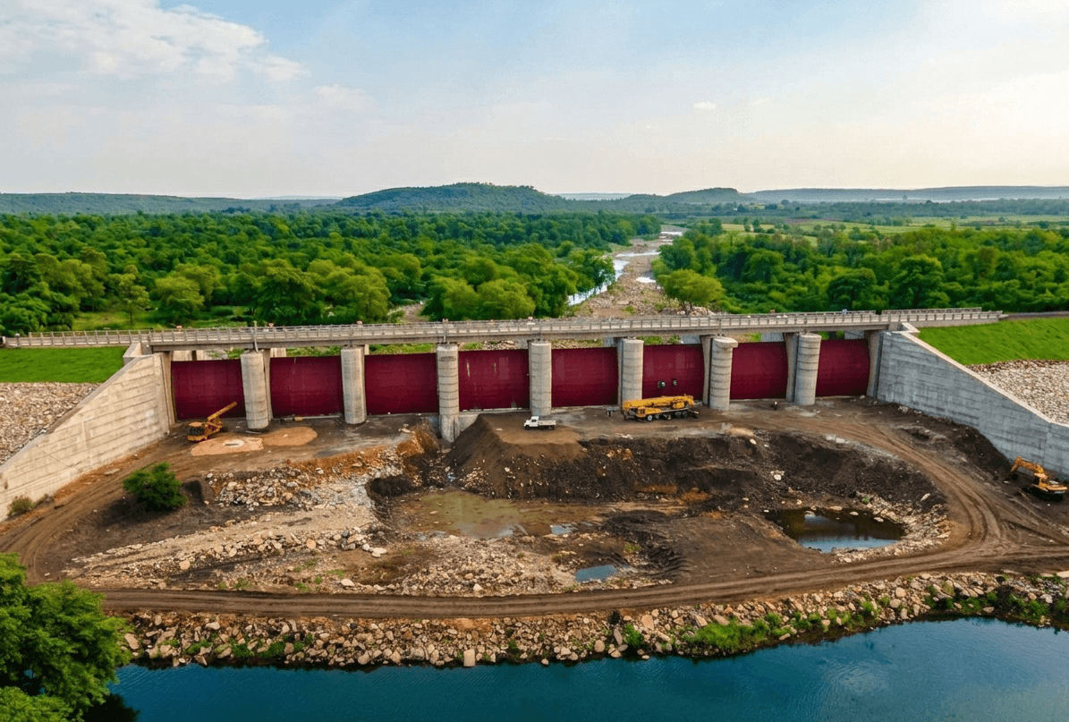 Aerial drone view of dam under construction with red radial gates between concrete piers and yellow crane