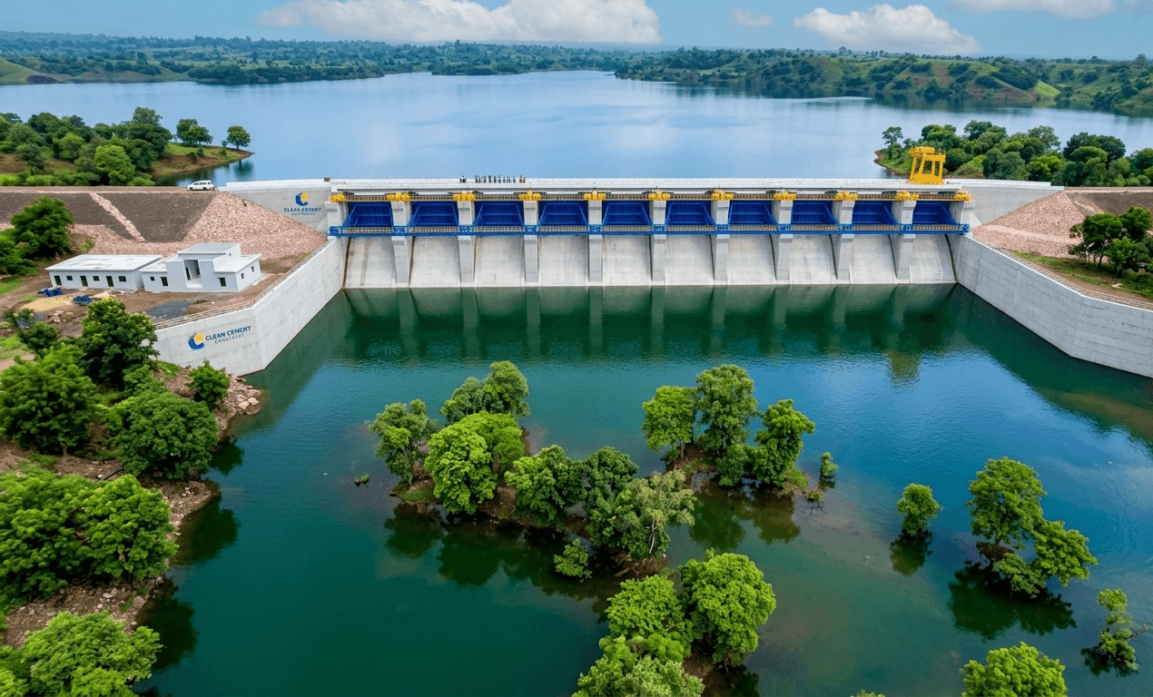 Aerial view of completed dam with blue radial gates and teal reservoir