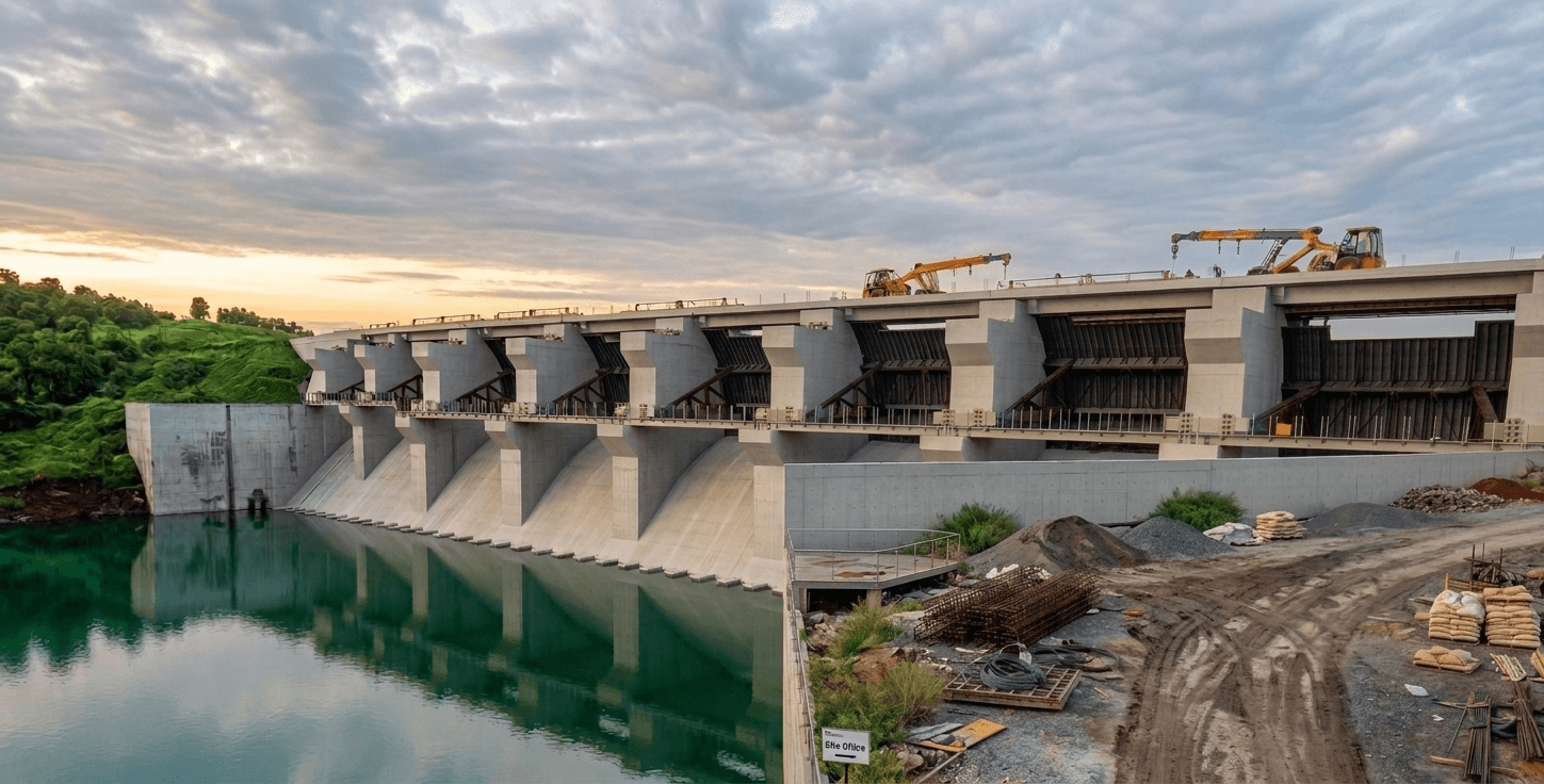 Golden-hour wide shot of dam under construction with cranes on top deck and teal water reflection