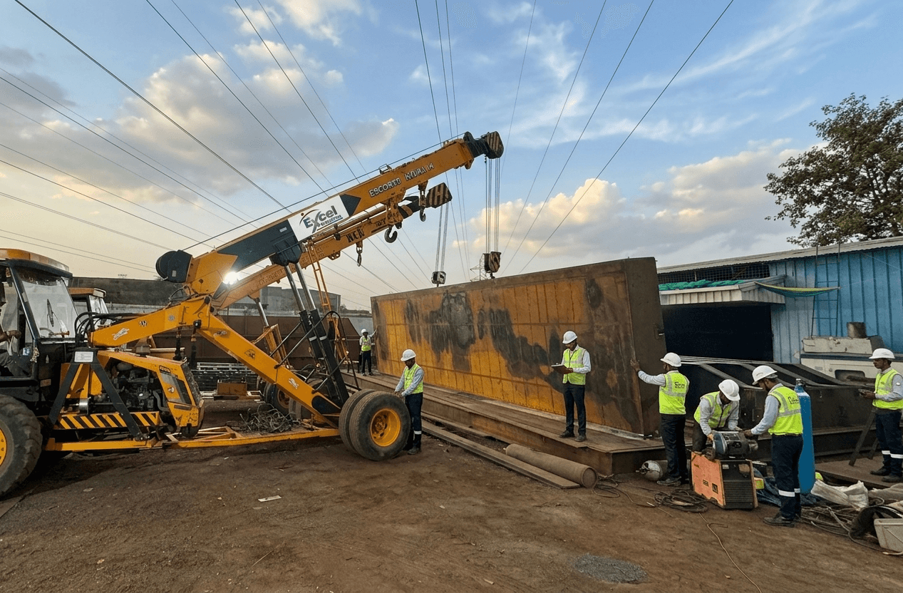 Excel Engineering Escorts crane tilting large steel plate at dusk