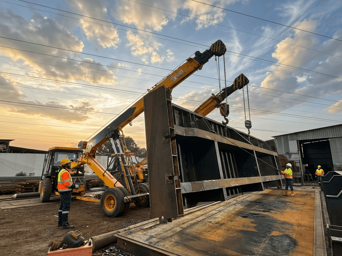 Excel Engineering reach stacker lifting massive steel box girder at sunset