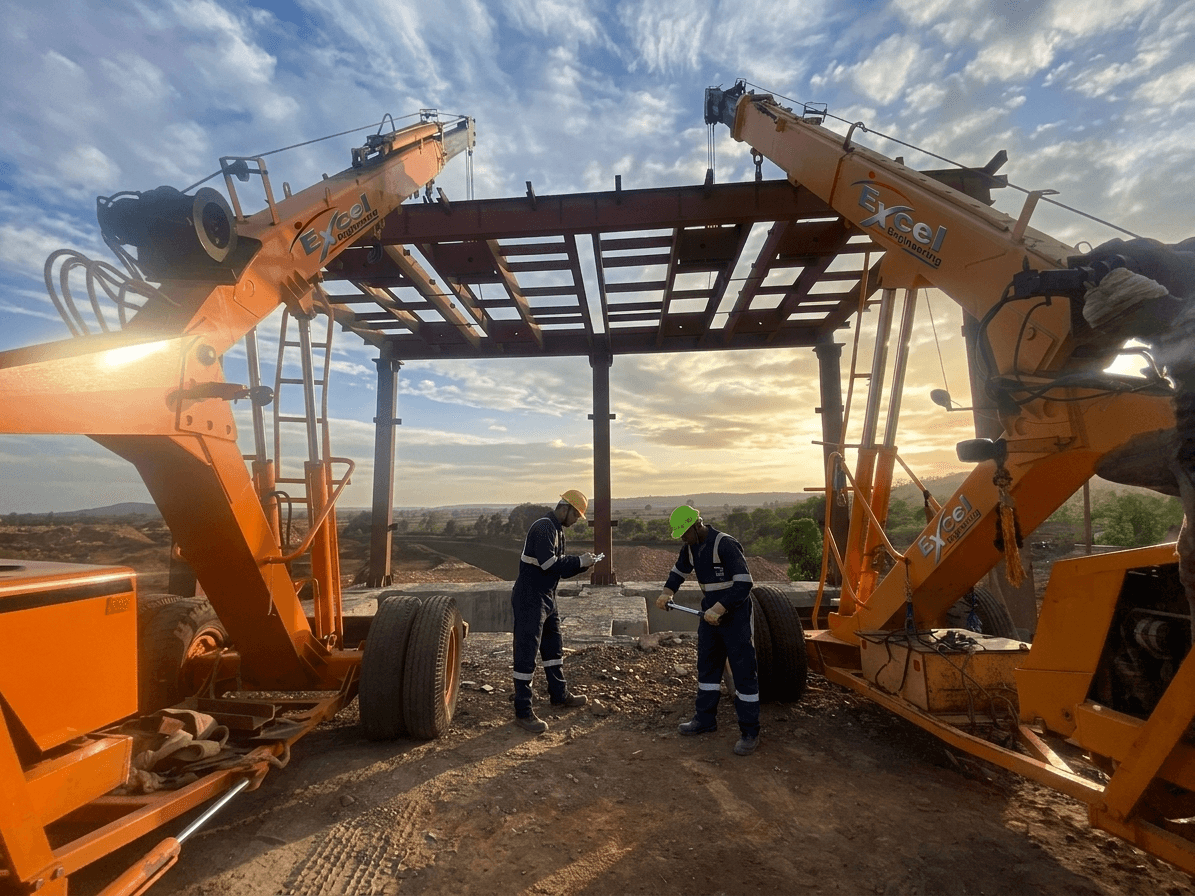Two orange Excel Engineering reach stackers at golden hour